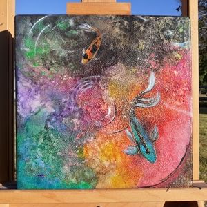 Abstract Handmade original painting 14 x14 koifish